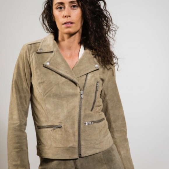 JUST FEMALE SUEDE LEATHER MOTORCYCLE JACKEN GREEN - Picture 3 of 3